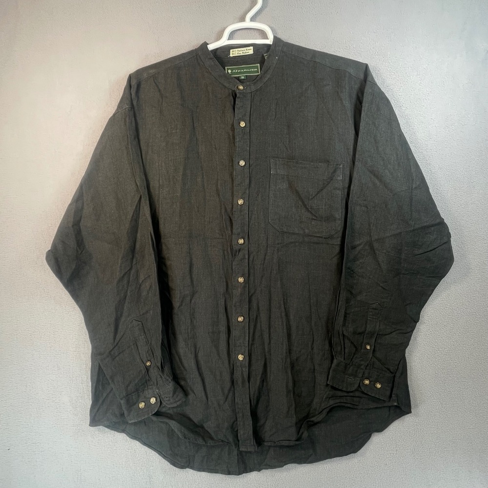 JJ Farmer Shirt Mens XL Black Italian Linen Band Collar Long Sleeve Button Down